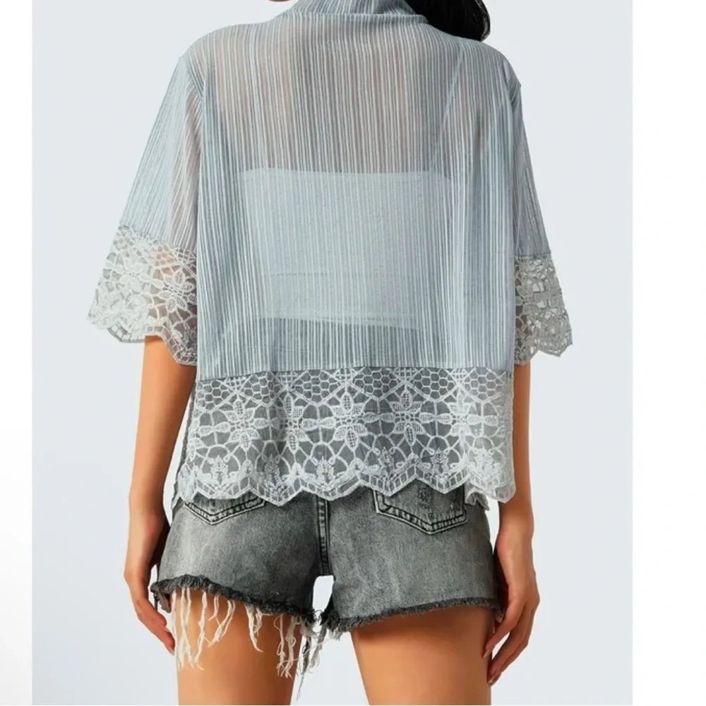Lace Sheer Cardigan Sweater Short Sleeve Open Front Shrug Floral Bolero Cover Up - Picture 4 of 12